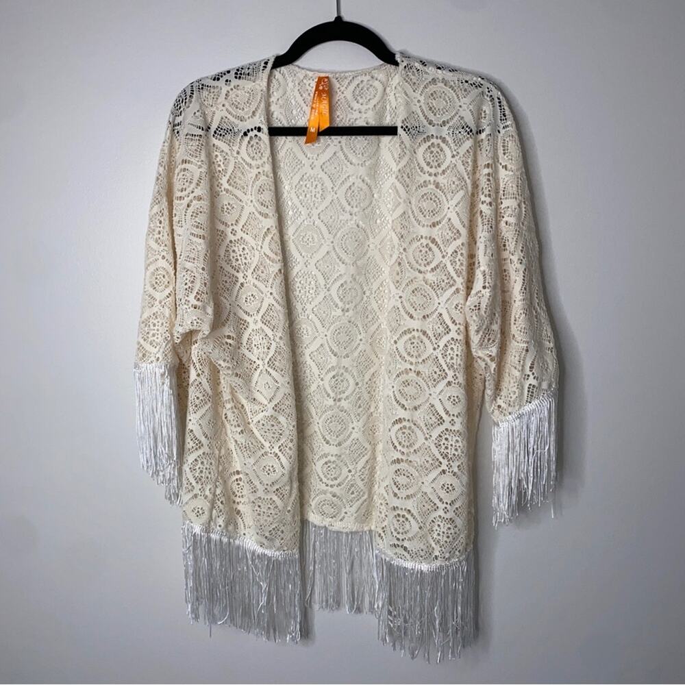 Coastal Cowgirl Bohemian Cream Lace Fringe Sleeves Open Cardigan Kimono Shrug M